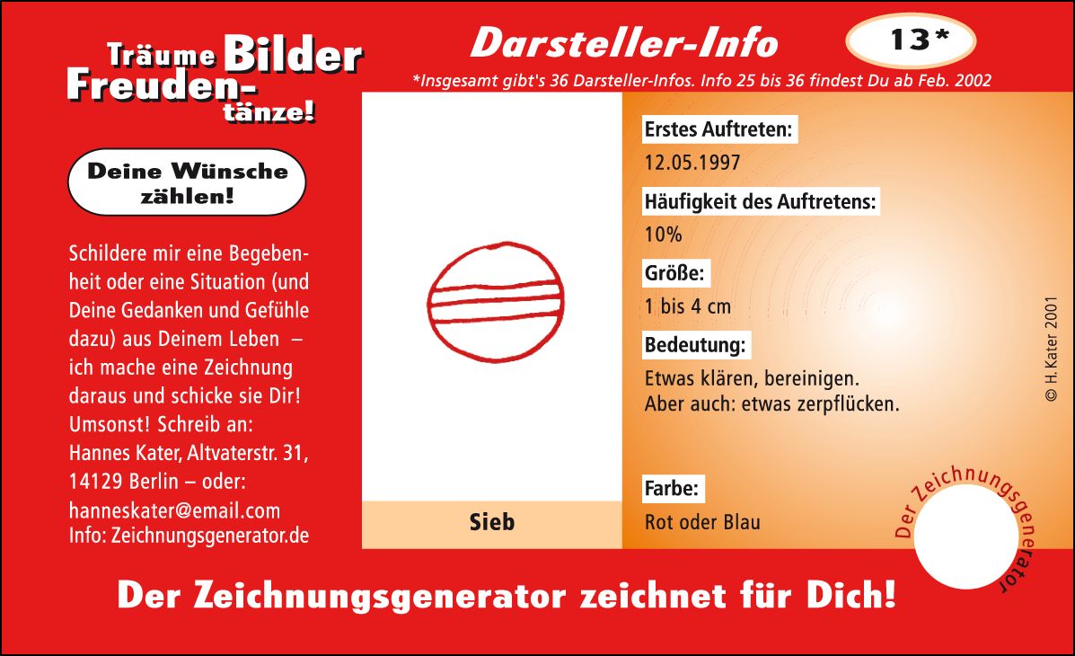 Hannes Kater: Auftragsk&auml;rtchen *13 Sieb, Vorderseite, Version von 2001