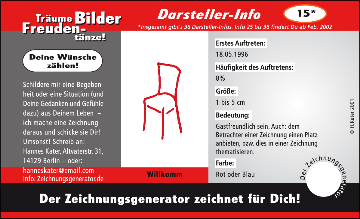 Hannes Kater: Auftragsk&auml;rtchen *15 Willkomm, Vorderseite, Version von 2001