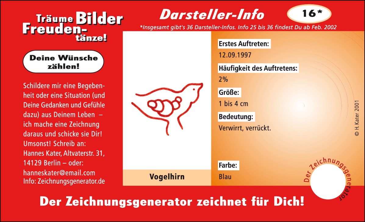 Hannes Kater: Auftragsk&auml;rtchen *16 Vogelhirn, Vorderseite, Version von 2001